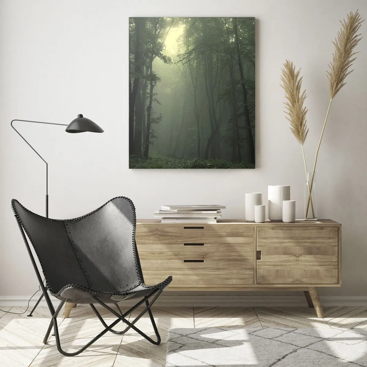 Quadro su vetro - Una foresta oscura avvolta nella nebbia con raggi di luce - 50x70cm - Prima che si svegli - Decorazione murale moderna per soggiorno e camera da letto ARTTOR