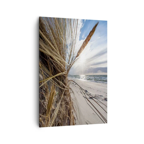 Quadro su tela - Stampe su Tela - Una spiaggia con erba secca sulle dune e vista sul mare - 70x100cm - L'incontro degli elementi - Decorazione murale moderna per soggiorno e camera da letto ARTTOR