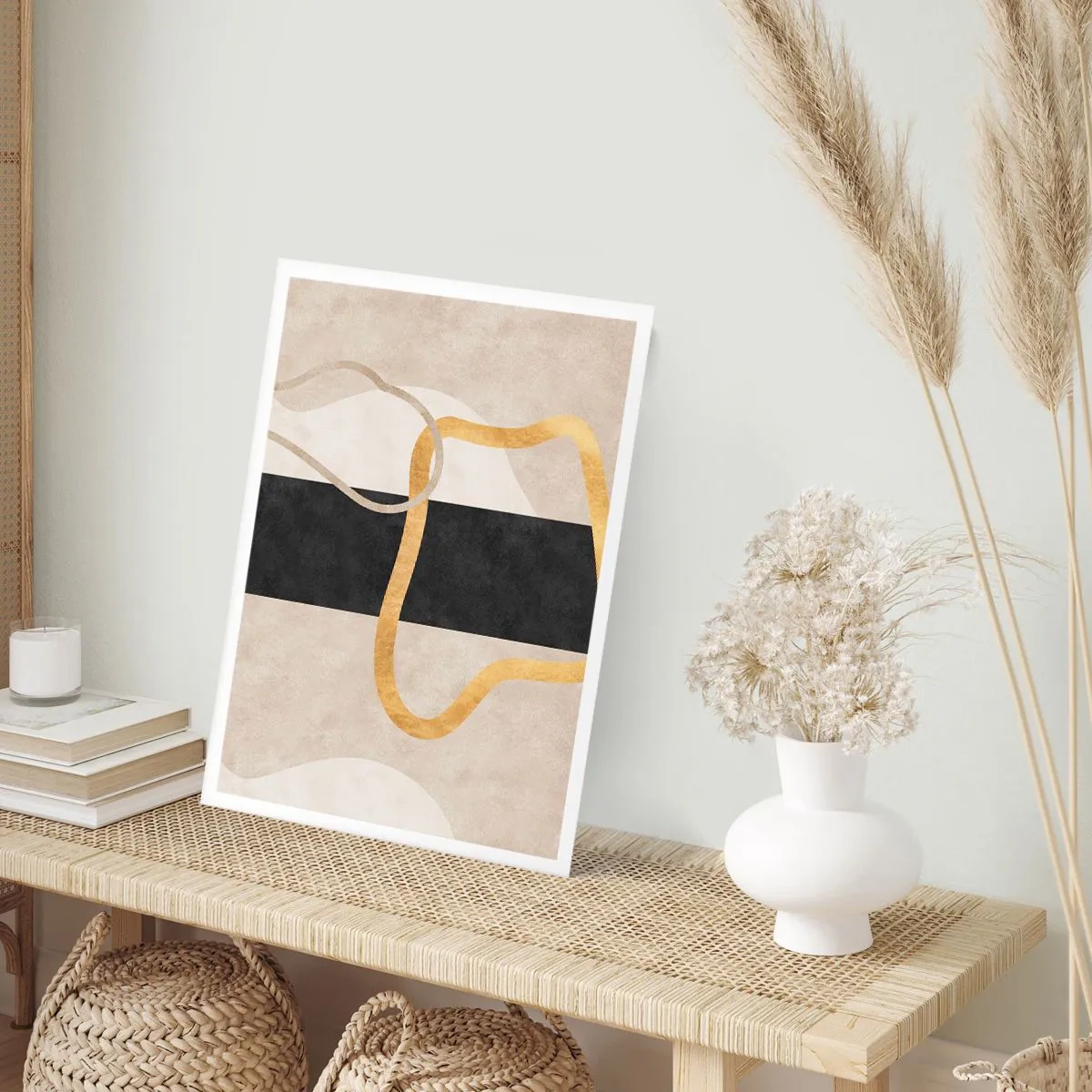 Poster - Composizione astratta con sfondo nero, oro e neutro - 50x70cm - Forme intrecciate - Decorazione murale moderna per soggiorno e camera da letto ARTTOR