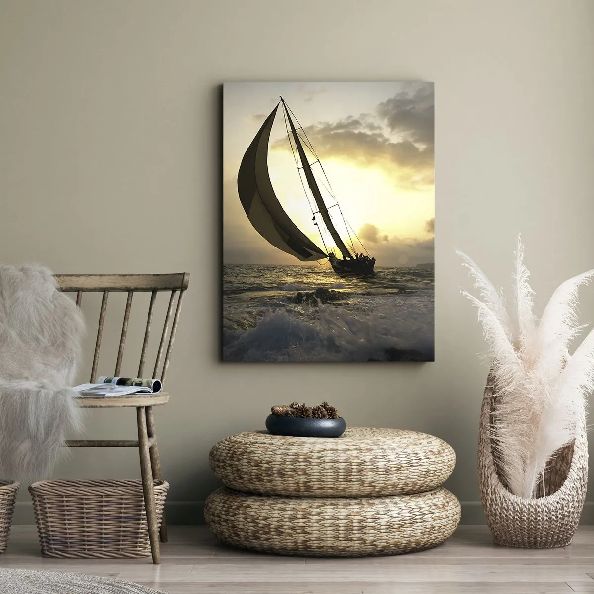 Quadro su tela - Stampe su Tela - Barche a vela in mare al tramonto - 50x70cm - Con il vento e controvento - Decorazione murale moderna per soggiorno e camera da letto ARTTOR