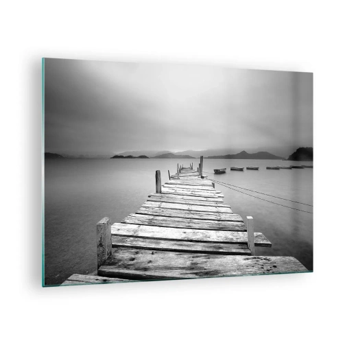 Quadro su vetro - Molo di legno su un lago calmo in bianco e nero - 70x50cm - Dietro i monti, dietro i mari - Decorazione murale moderna per soggiorno e camera da letto ARTTOR