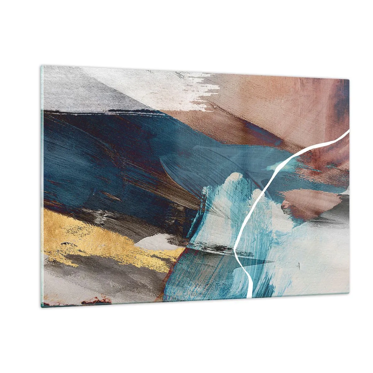 Quadro su vetro - Una composizione astratta in turchese, oro e marrone. - 120x80cm - Con forza ed energia - Decorazione murale moderna per soggiorno e camera da letto ARTTOR