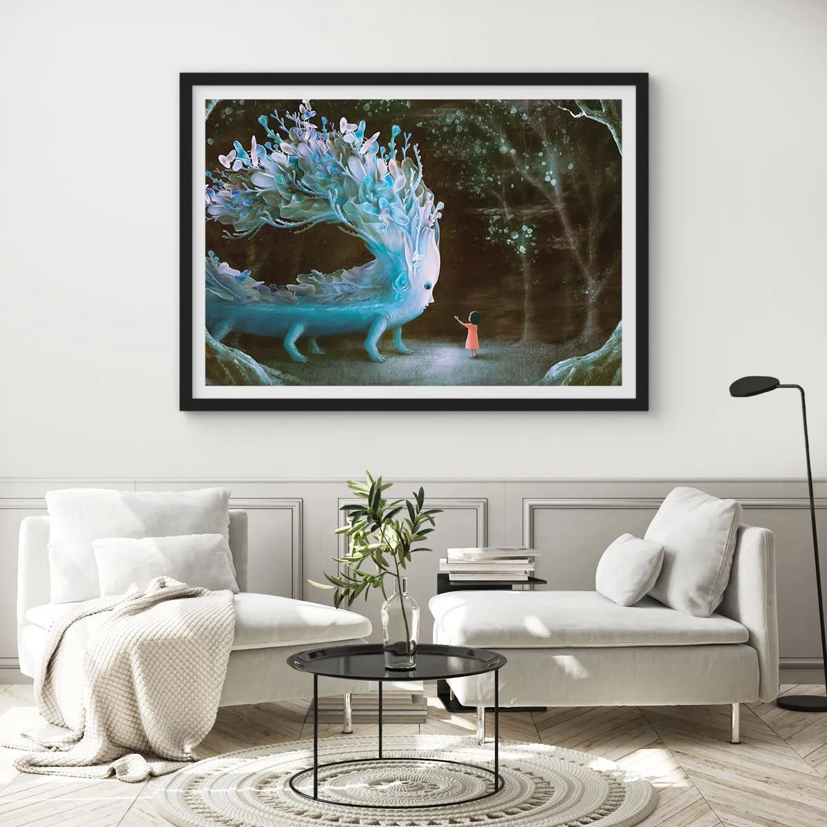 Poster in cornice nera - La figura di una ragazza di fronte a una creatura fantastica - 100x70cm - Incontro fantastico - Decorazione murale moderna per soggiorno e camera da letto ARTTOR