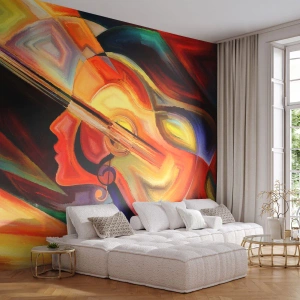 Fotomurali Premium Sand - Composizione astratta di un volto e una chitarra a colori - 100x70cm - L'armonia dei suoni - Decorazione murale moderna per soggiorno e camera da letto ARTTOR