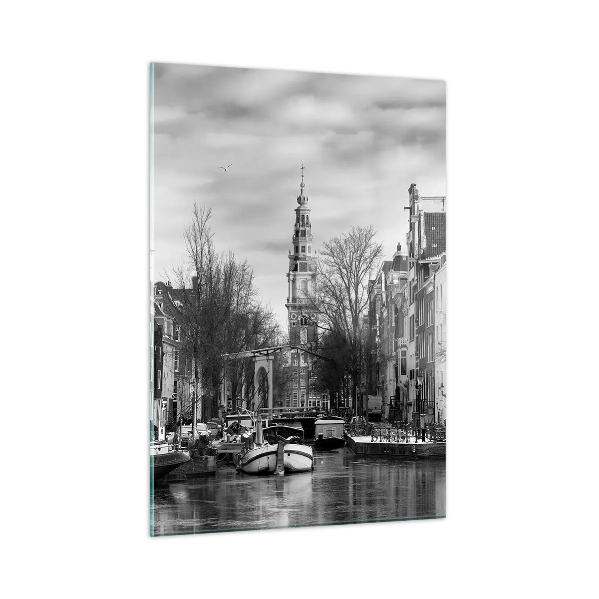 Quadro su vetro - Vista in bianco e nero di un canale di Amsterdam - 50x70cm - Atmosfera di Amsterdam - Decorazione murale moderna per soggiorno e camera da letto ARTTOR