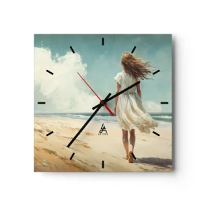 Orologio da parete - Orologio in Vetro - Una donna in abito bianco che cammina sulla spiaggia in una giornata di sole - 30x30cm - Dove sole e vento si incontrano - Decorazione murale moderna per soggiorno e camera da letto ARTTOR