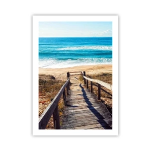 Poster - Sentiero in legno che conduce alla spiaggia con vista mare - 50x70cm - Corri! - Decorazione murale moderna per soggiorno e camera da letto ARTTOR