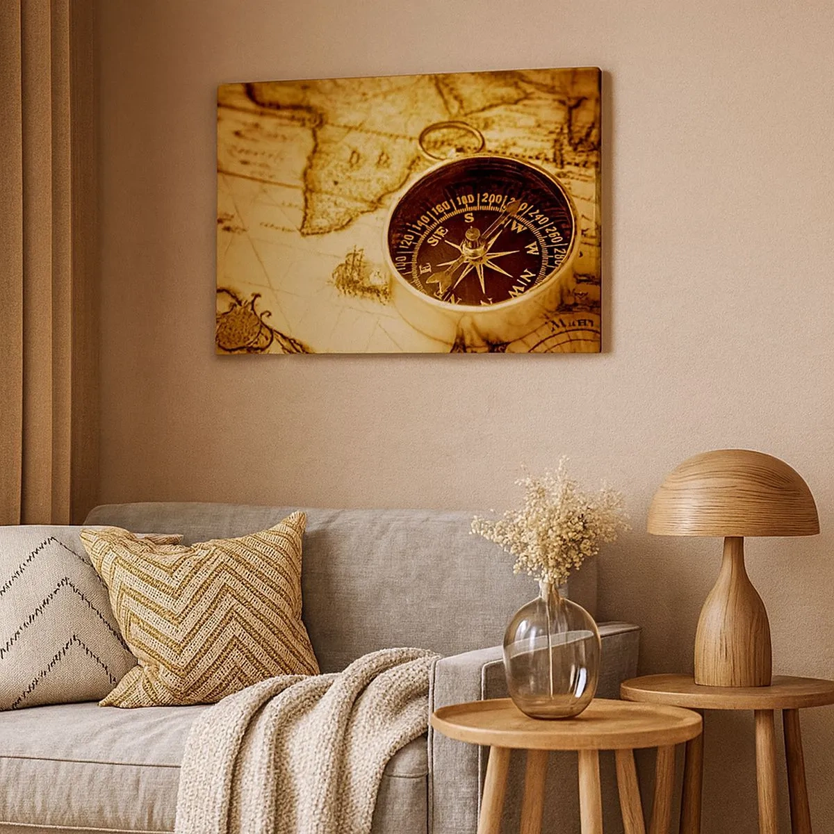 Quadro su tela - Stampe su Tela - Una bussola antica sullo sfondo di una vecchia mappa del mondo - 70x50cm - A est o a ovest? - Decorazione murale moderna per soggiorno e camera da letto ARTTOR