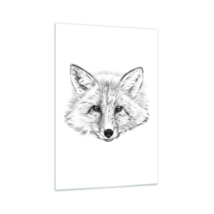 Quadro su vetro - Disegno in bianco e nero di una testa di volpe su sfondo bianco - 70x100cm - Questi occhi possono mentire? - Decorazione murale moderna per soggiorno e camera da letto ARTTOR