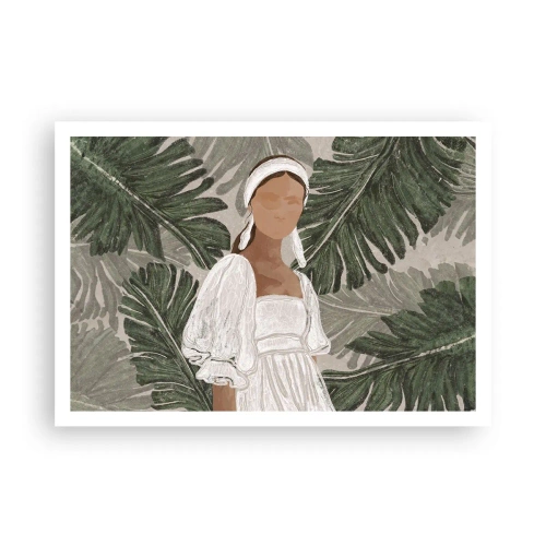 Poster - Ritratto di una donna in abito bianco su uno sfondo di foglie di monstera - 100x70cm - Ritratto esotico - Decorazione murale moderna per soggiorno e camera da letto ARTTOR