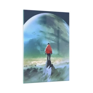 Quadro su vetro - Una figura con una giacca rossa sullo sfondo di un enorme pianeta e stelle - 50x70cm - Scopritore di una nuova terra - Decorazione murale moderna per soggiorno e camera da letto ARTTOR