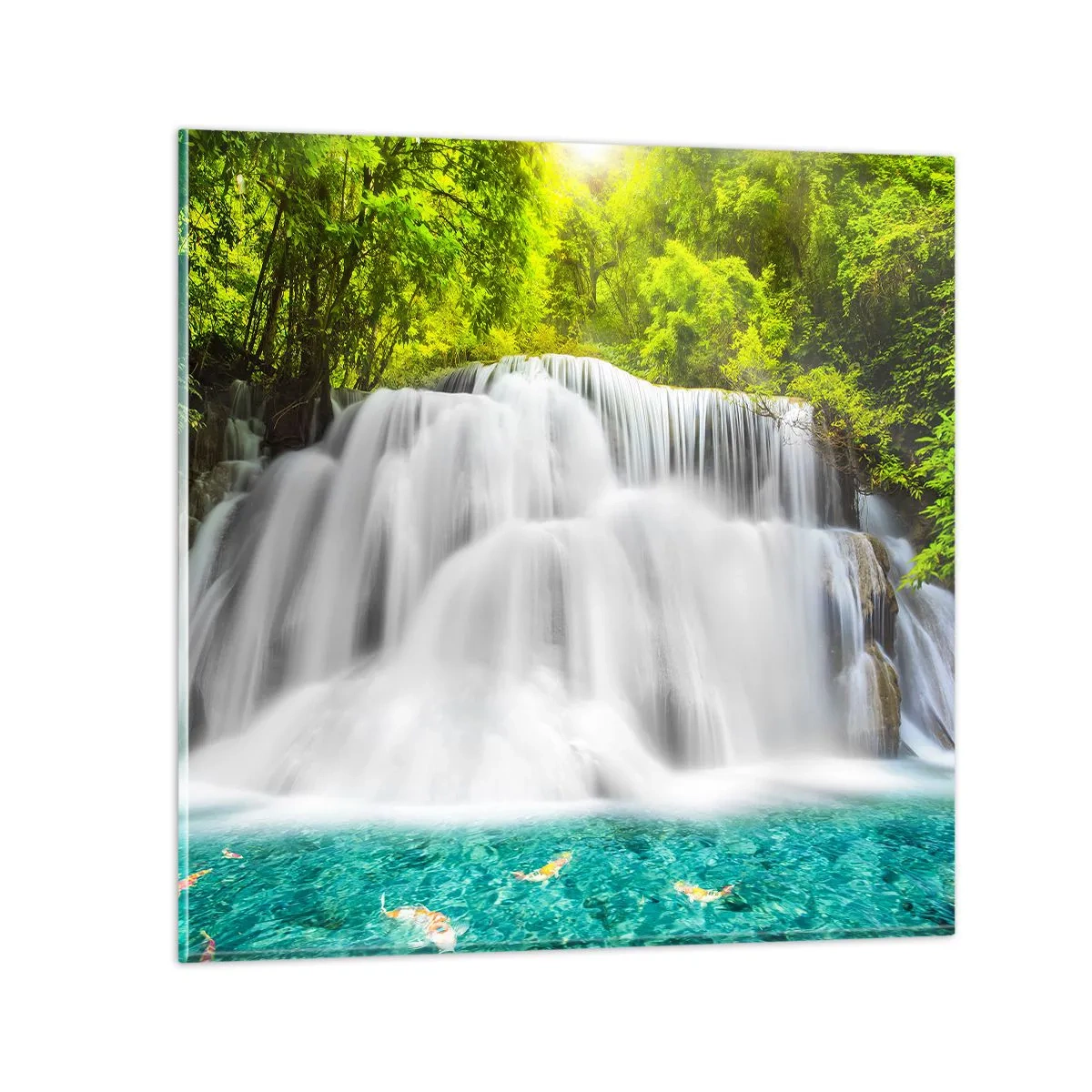Quadro su vetro - Cascata spumeggiante dal verde all'azzurro - 30x30 cm