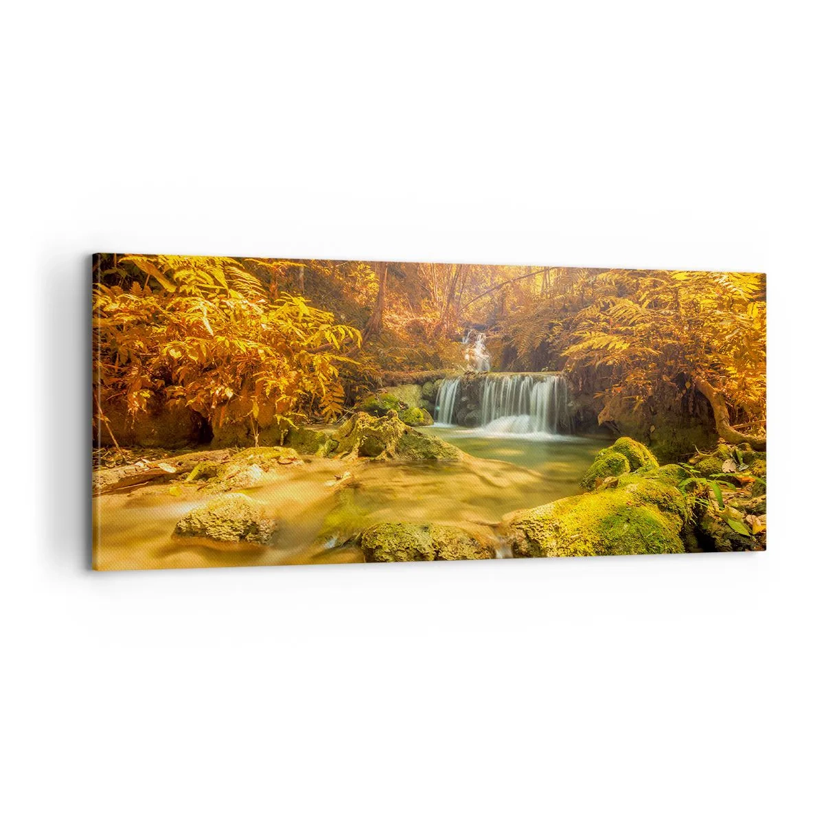 Quadro su tela - Stampe su Tela - Cascata boschiva in oro - 100x40 cm