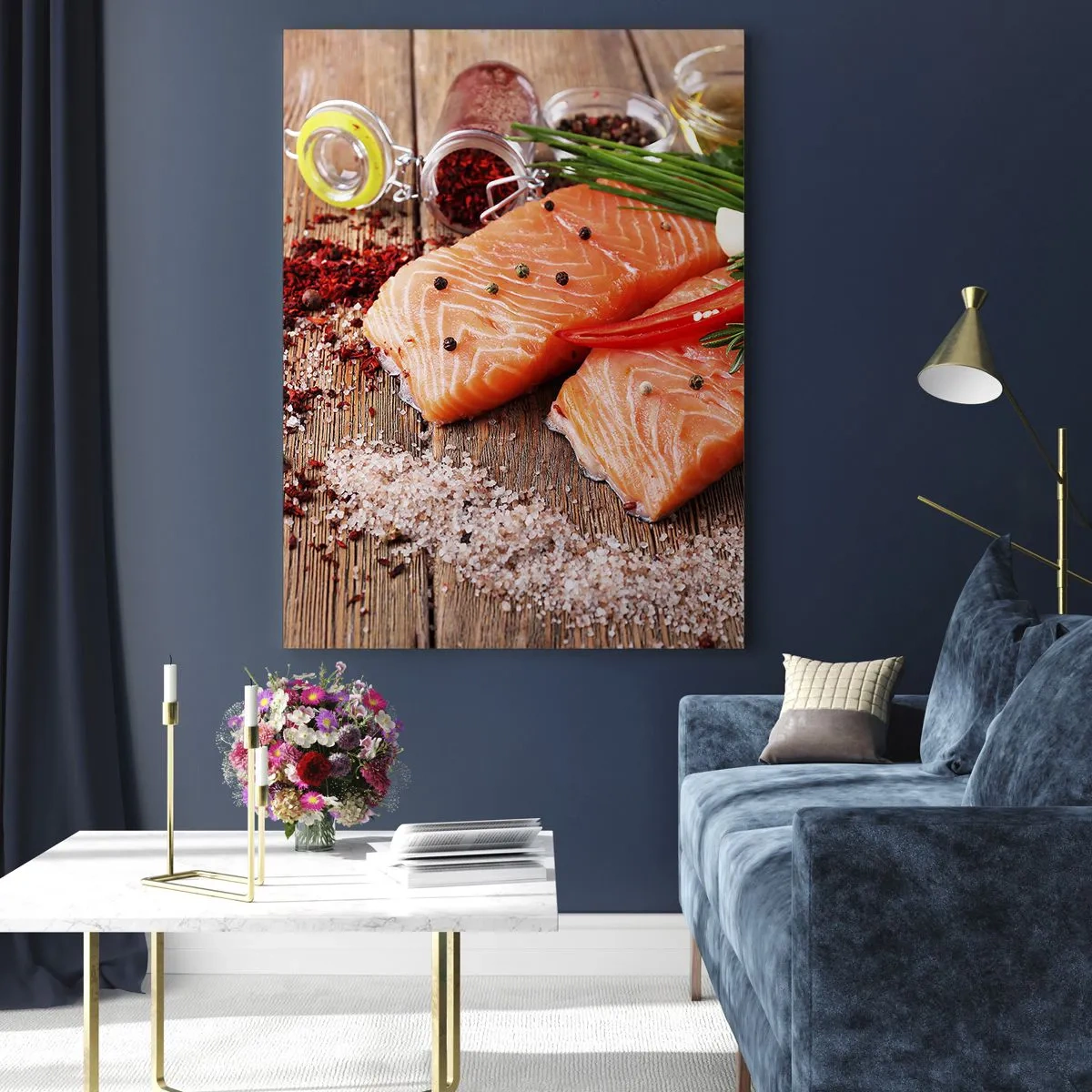 Quadro su vetro - Filetti di salmone con spezie su un piano di lavoro in legno - 50x70cm - Avventura norvegese in cucina - Decorazione murale moderna per soggiorno e camera da letto ARTTOR