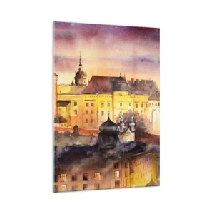 Quadro su vetro - Illustrazione ad acquerello di un castello su una collina al tramonto - 50x70cm - Storia e fiaba - Decorazione murale moderna per soggiorno e camera da letto ARTTOR