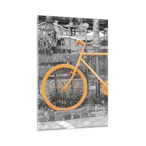 Quadro su vetro - Fotografia artistica di una bicicletta gialla su uno sfondo bianco e nero - 80x120cm - Vai, ti aspetto qui - Decorazione murale moderna per soggiorno e camera da letto ARTTOR