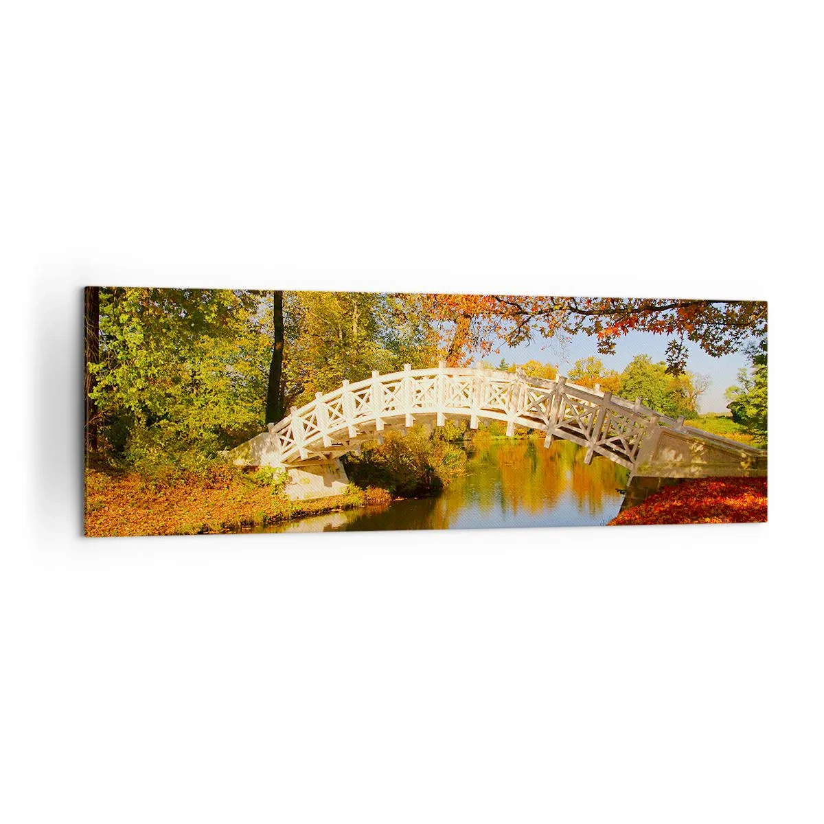 Quadro su tela - Stampe su Tela - Un ponte in un parco circondato da foglie autunnali su acque calme - 160x50cm - Sul bianco ponticello dei sospiri - Decorazione murale moderna per soggiorno e camera da letto ARTTOR