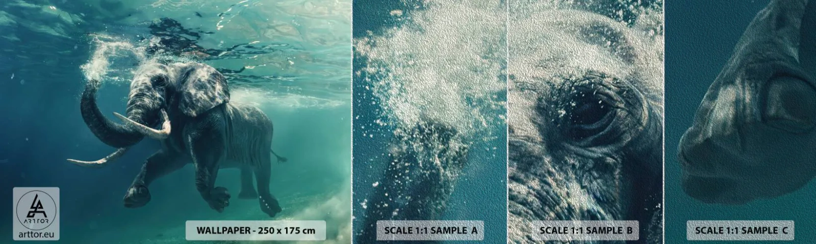 Campione di Fotomurale Premium Sand - Tutti amano nuotare - Astrazione, Elefante, Pezzo - 100x30 cm