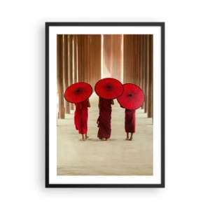 Poster in cornice nera - Monaci con ombrelli rossi nei corridoi del tempio - 50x70cm - In cammino verso la Terra Pura - Decorazione murale moderna per soggiorno e camera da letto ARTTOR