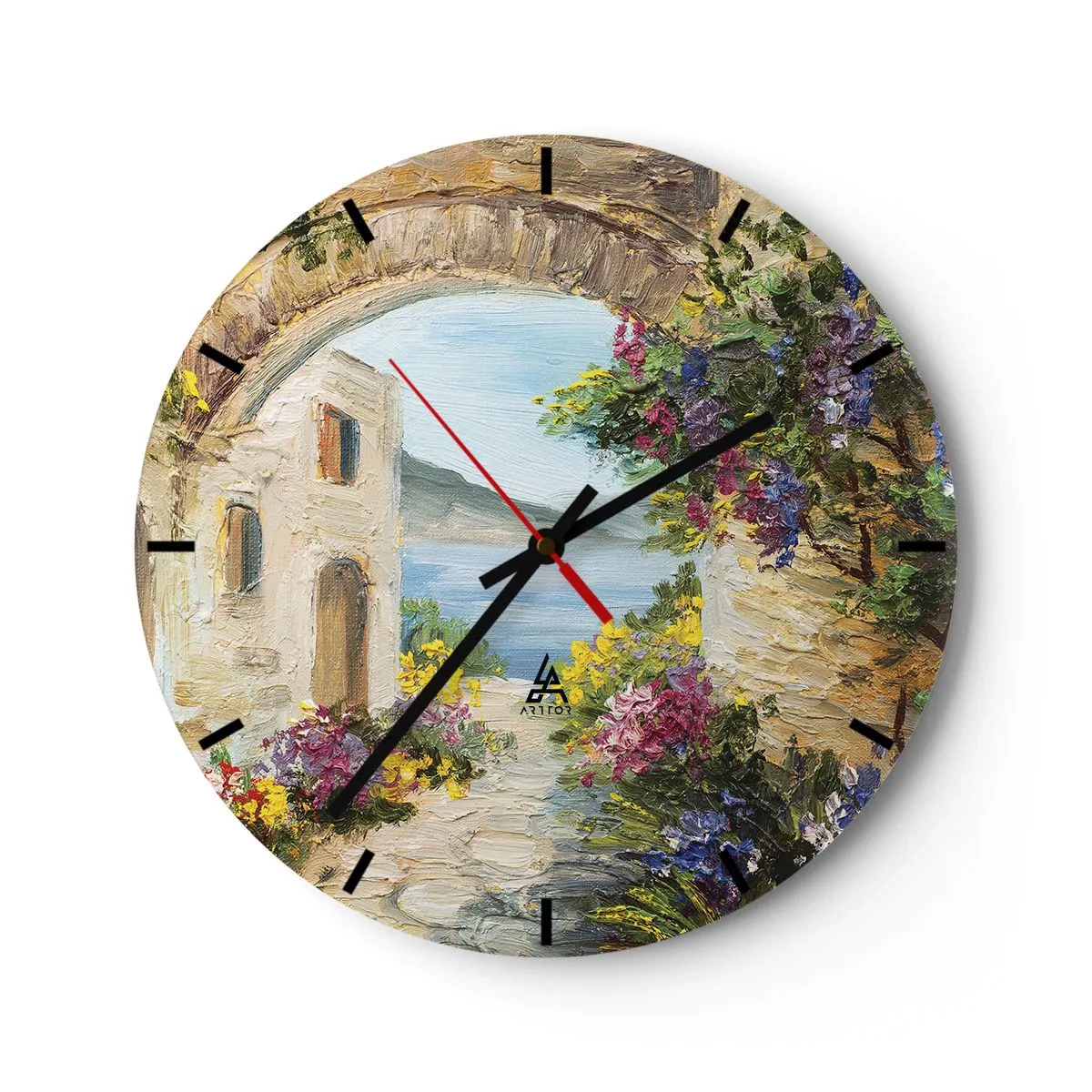 Orologio da parete - Orologio in Vetro - Una strada suggestiva con fiori e vista sul mare - 30x30cm - La bellezza della provincia costiera - Decorazione murale moderna per soggiorno, cucina e camera da letto ARTTOR