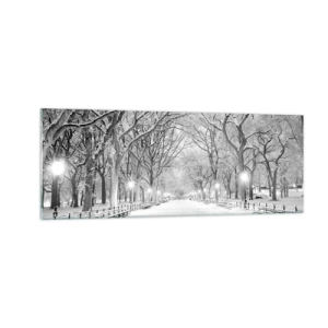 Quadro su vetro - Un vicolo invernale con alberi innevati in bianco e nero - 140x50cm - Quattro stagioni: l'inverno - Decorazione murale moderna per soggiorno e camera da letto ARTTOR