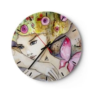 Orologio da parete - Orologio in Vetro - Dipinto ad acquerello raffigurante una donna con motivo a farfalla e dettagli colorati. - 30x30cm - La farfalla della principessa - Decorazione murale moderna per soggiorno, cucina e camera da letto ARTTOR