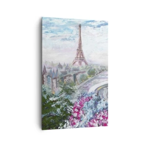Quadro su tela - Stampe su Tela - Una vista romantica di Parigi con la Torre Eiffel e un balcone pieno di fiori - 80x120cm - Bellissimo qui a maggio - Decorazione murale moderna per soggiorno e camera da letto ARTTOR
