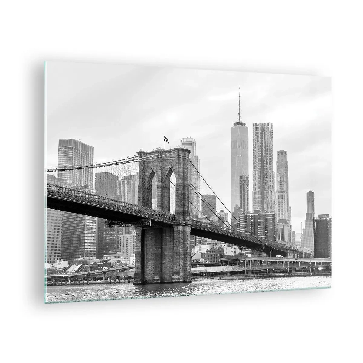 Quadro su vetro - Foto in bianco e nero di un ponte e di un paesaggio urbano - 70x50cm - Atmosfera di New York - Decorazione murale moderna per soggiorno e camera da letto ARTTOR