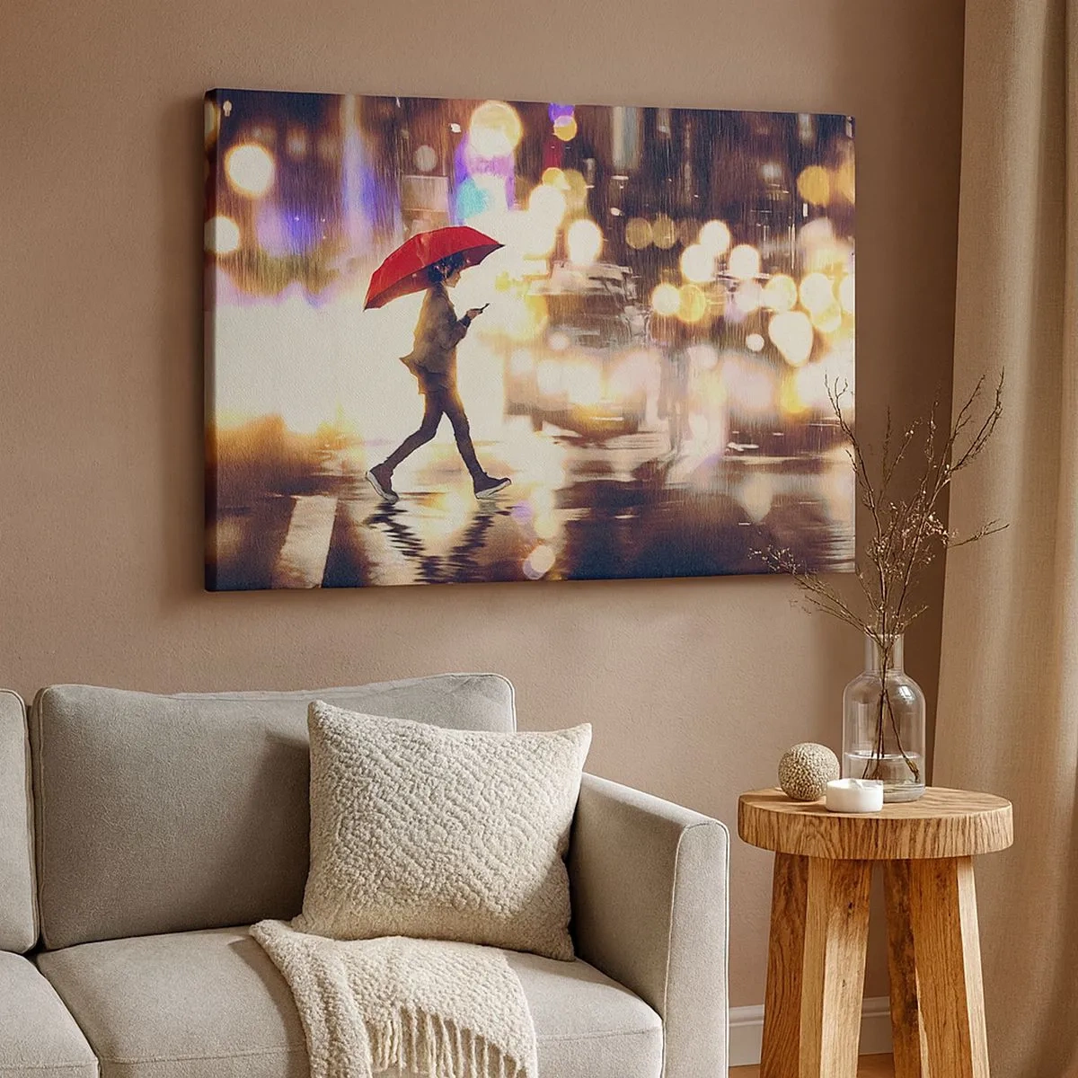 Quadro su tela - Stampe su Tela - Una figura con un ombrello rosso sulla strada sotto la pioggia - 70x50cm - Tuttavia è assolata - Decorazione murale moderna per soggiorno e camera da letto ARTTOR