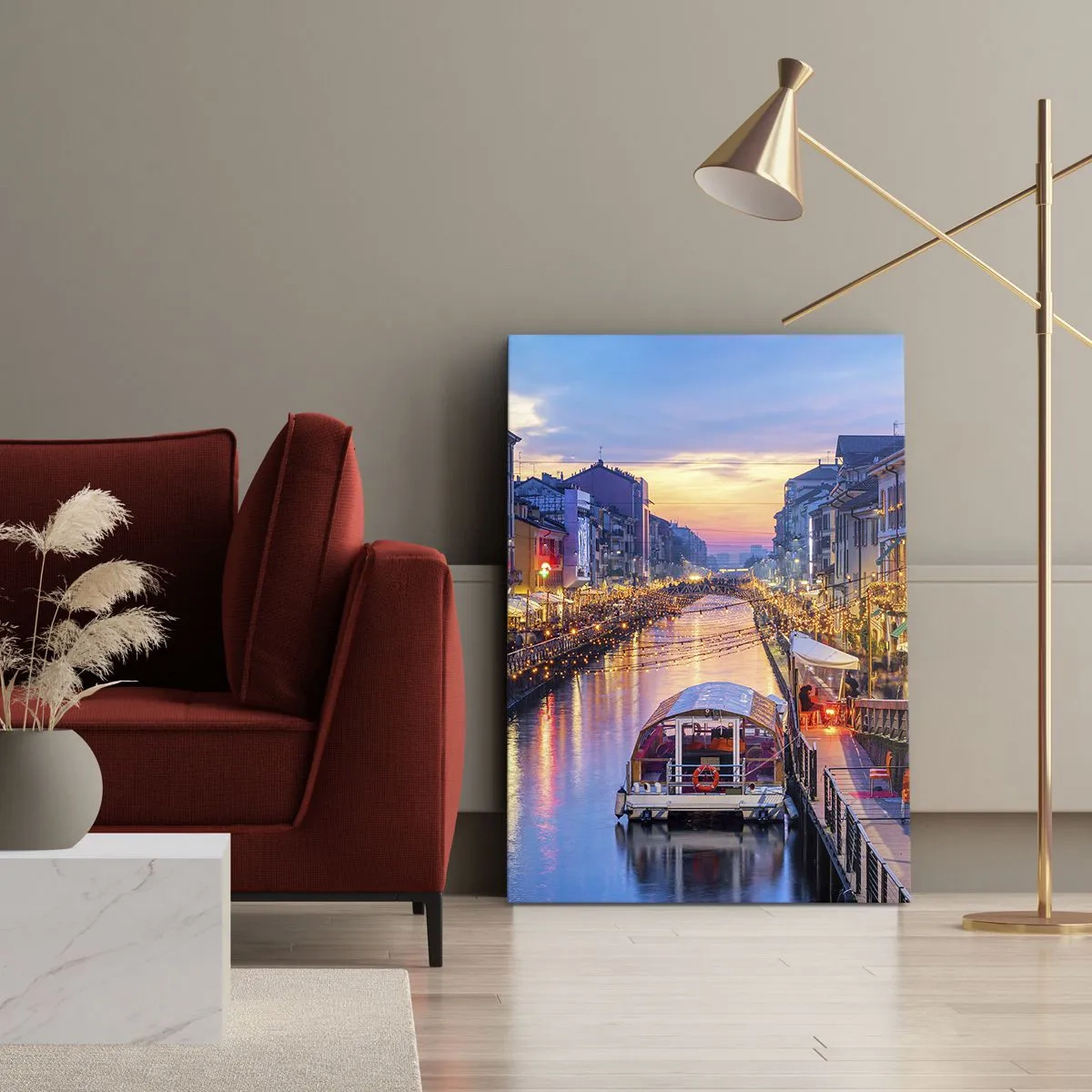 Quadro su tela - Stampe su Tela - Un canale illuminato circondato da edifici colorati - 50x70cm - Sera di luce e di divertimento - Decorazione murale moderna per soggiorno e camera da letto ARTTOR