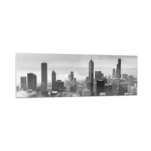 Quadro su vetro - Panorama della città con grattacieli tra le nuvole in bianco e nero - 160x50cm - Paesaggio americano - Decorazione murale moderna per soggiorno e camera da letto ARTTOR