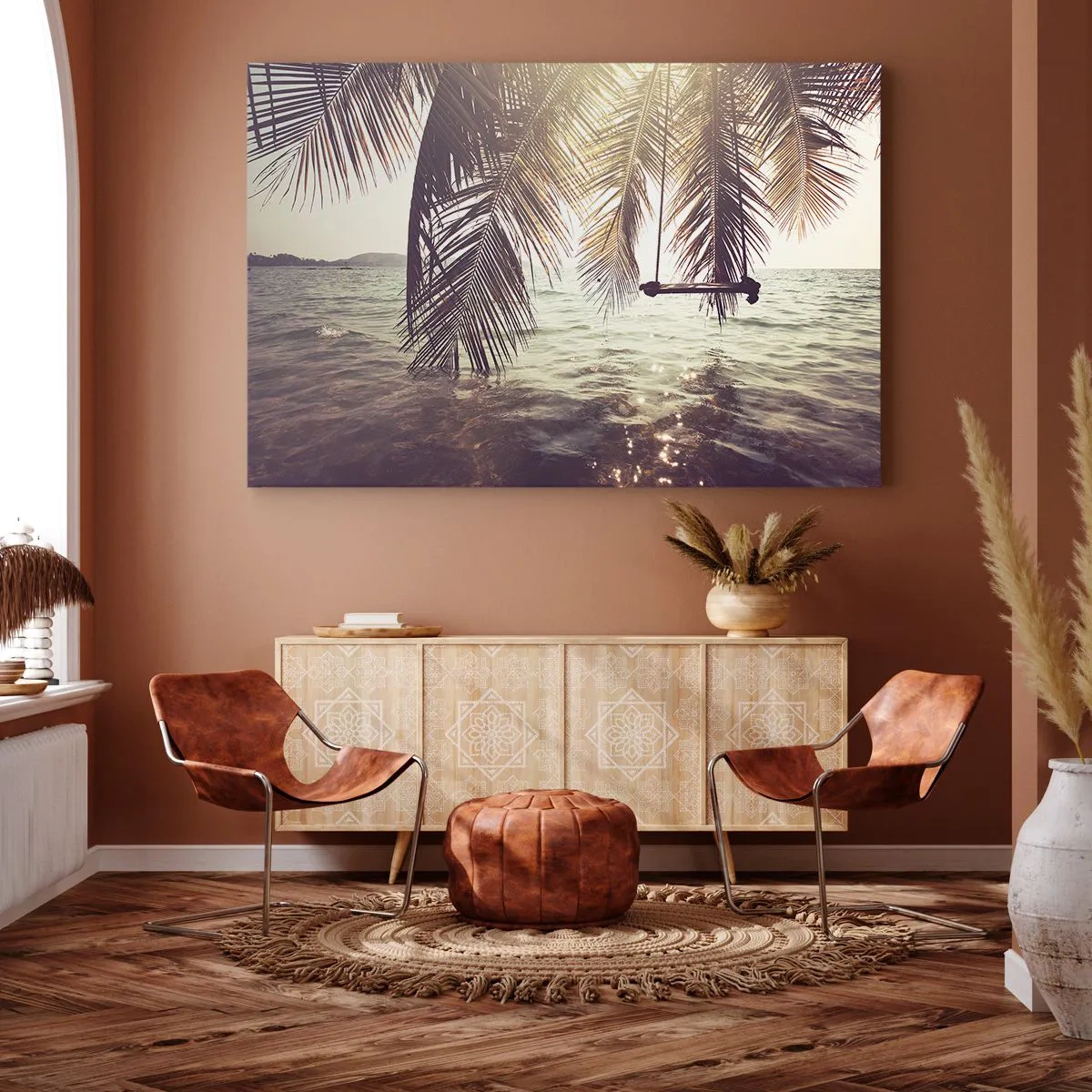 Quadro su tela - Stampe su Tela - Palma con altalena sull'acqua alla luce del sole - 120x80cm - Si può dondolare tra le nuvole a volontà - Decorazione murale moderna per soggiorno e camera da letto ARTTOR