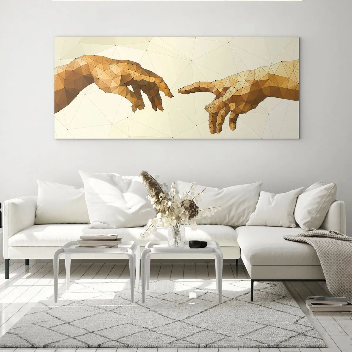 Quadro su vetro - Mani geometriche che si protendono l'una verso l'altra su uno sfondo chiaro - 160x50cm - Geometria divina - Decorazione murale moderna per soggiorno e camera da letto ARTTOR
