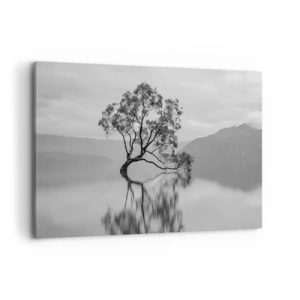 Quadro su tela - Stampe su Tela - Un albero solitario riflesso nell'acqua con le montagne sullo sfondo - 120x80cm - C'è un paese così - Decorazione murale moderna per soggiorno e camera da letto ARTTOR