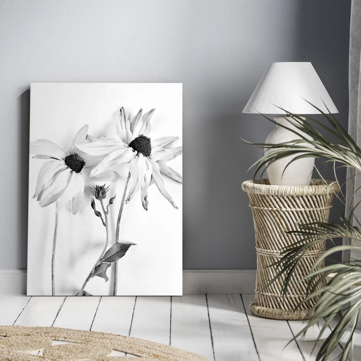 Quadro su tela - Stampe su Tela - Fiori bianchi e neri con una composizione delicata - 50x70cm - Nessuno vuole essere solo - Decorazione murale moderna per soggiorno e camera da letto ARTTOR