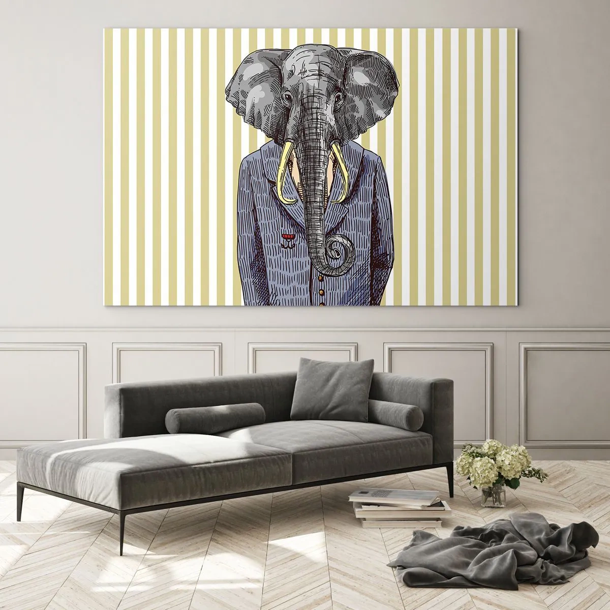Quadro su vetro - Un elefante in abito su uno sfondo di strisce gialle - 120x80cm - Elegante di natura - Decorazione murale moderna per soggiorno e camera da letto ARTTOR