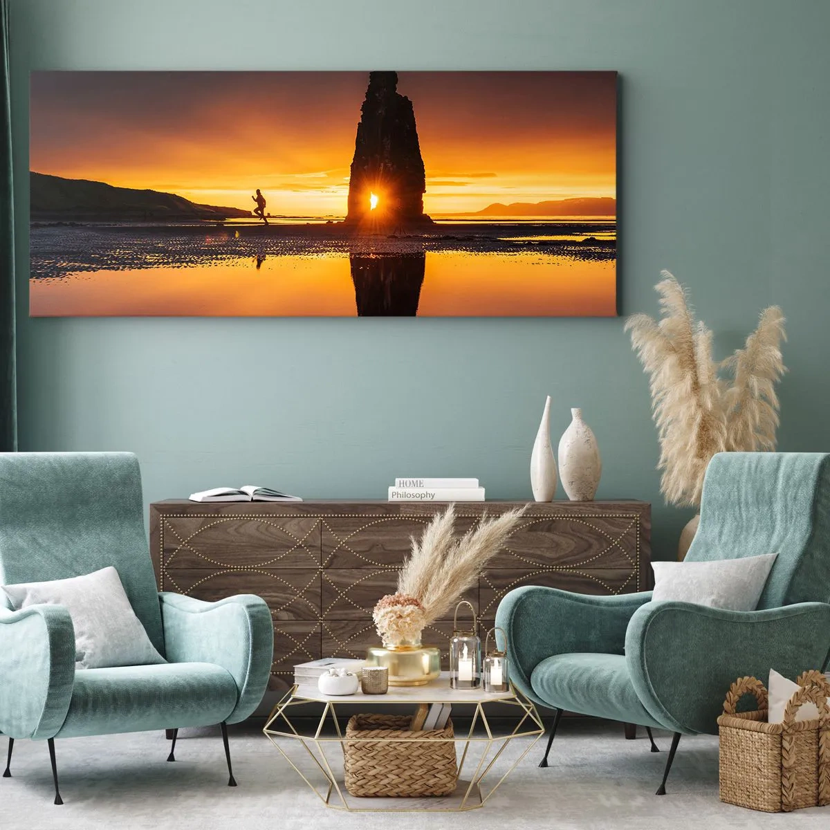 Quadro su tela - Stampe su Tela - Persona che corre sulla spiaggia al tramonto con formazione rocciosa - 140x50cm - Solo tu e la natura - Decorazione murale moderna per soggiorno e camera da letto ARTTOR