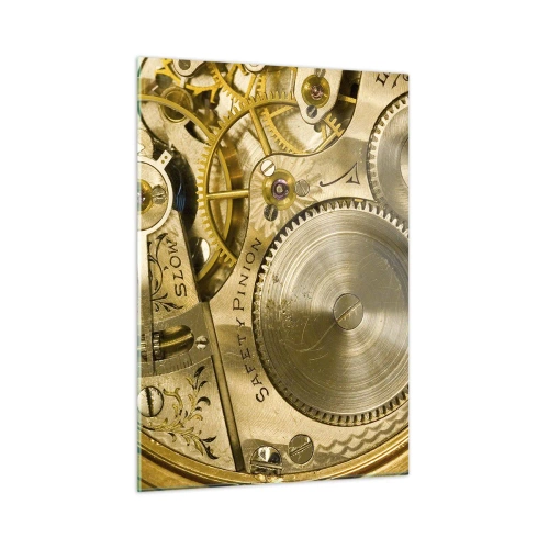 Quadro su vetro - Meccanismo dell'orologio in finitura oro - 50x70cm - Stare al passo coi tempi - Decorazione murale moderna per soggiorno e camera da letto ARTTOR