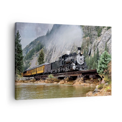 Quadro su tela - Stampe su Tela - Una locomotiva a vapore su un ponte in un pittoresco paesaggio montano - 70x50cm - Dove andiamo? - Decorazione murale moderna per soggiorno e camera da letto ARTTOR