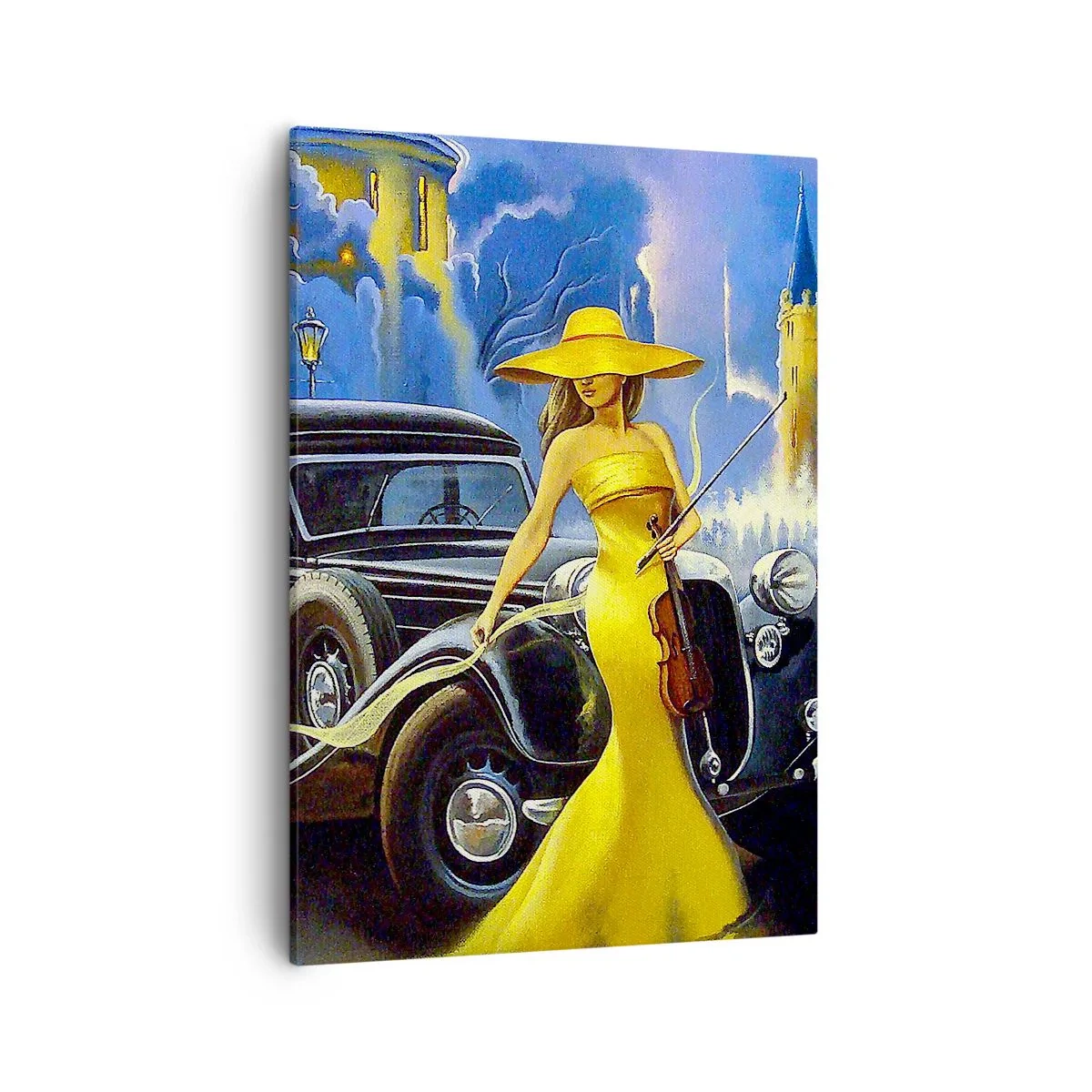 Quadro su tela - Stampe su Tela - Una donna con un vestito giallo e un violino accanto a un'auto d'epoca. - 50x70cm - Notturno per violino e amore - Decorazione murale moderna per soggiorno e camera da letto ARTTOR