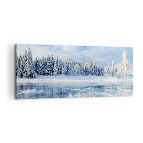 Quadro su tela - Stampe su Tela - Un lago ghiacciato circondato da una foresta innevata - 120x50cm - Vista lucente e cristallina - Decorazione murale moderna per soggiorno e camera da letto ARTTOR