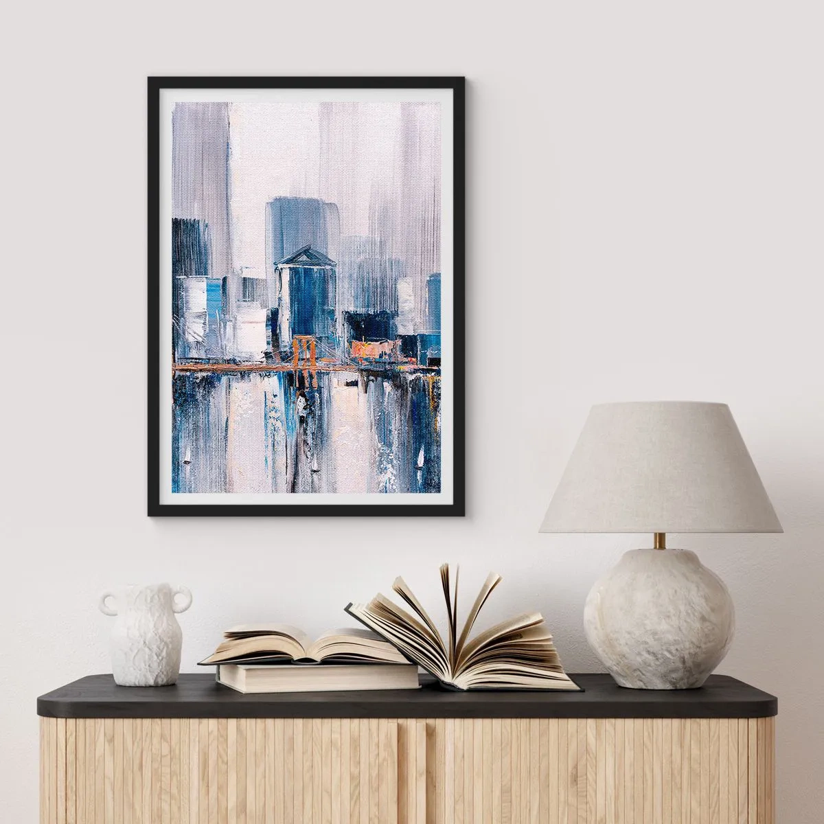Poster in cornice nera - Panorama urbano astratto nei toni del blu e del bianco - 50x70cm - Impressione di New York - Decorazione murale moderna per soggiorno e camera da letto ARTTOR