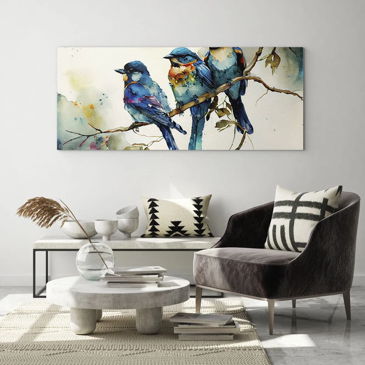 Quadro su vetro - Tre uccelli colorati su un ramo in stile acquerello - 120x50cm - Si è offeso? - Decorazione murale moderna per soggiorno e camera da letto ARTTOR