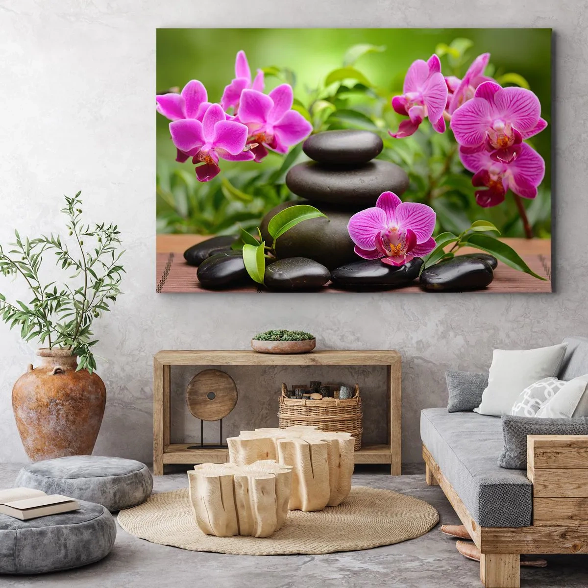Quadro su tela - Stampe su Tela - Orchidee rosa con pietre su sfondo verde - 100x70cm - Piramide di pace - Decorazione murale moderna per soggiorno e camera da letto ARTTOR