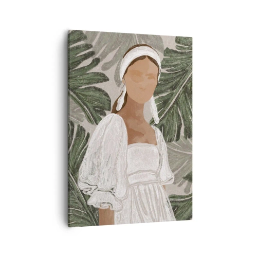 Quadro su tela - Stampe su Tela - Ritratto di una donna in abito bianco su uno sfondo di foglie di monstera - 50x70cm - Ritratto esotico - Decorazione murale moderna per soggiorno e camera da letto ARTTOR