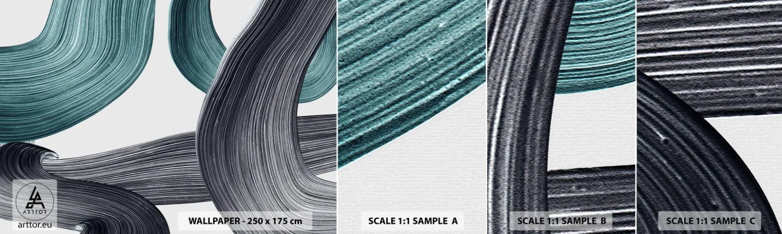 Campione Di Fotomurale Standard Eco - Tracce smeraldo e nero - Colore, Spazzola, Minimalismo - 100x30 cm