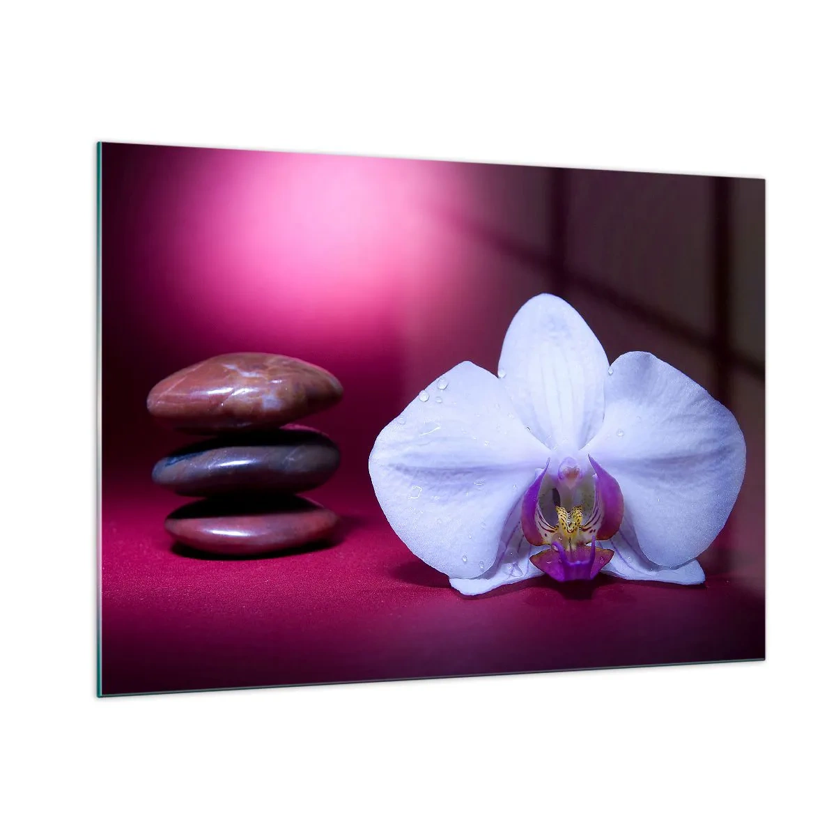 Quadro su vetro - Orchidea bianca e pietre su uno sfondo di luce viola - 100x70cm - Studio di freschezza in viola - Decorazione murale moderna per soggiorno e camera da letto ARTTOR