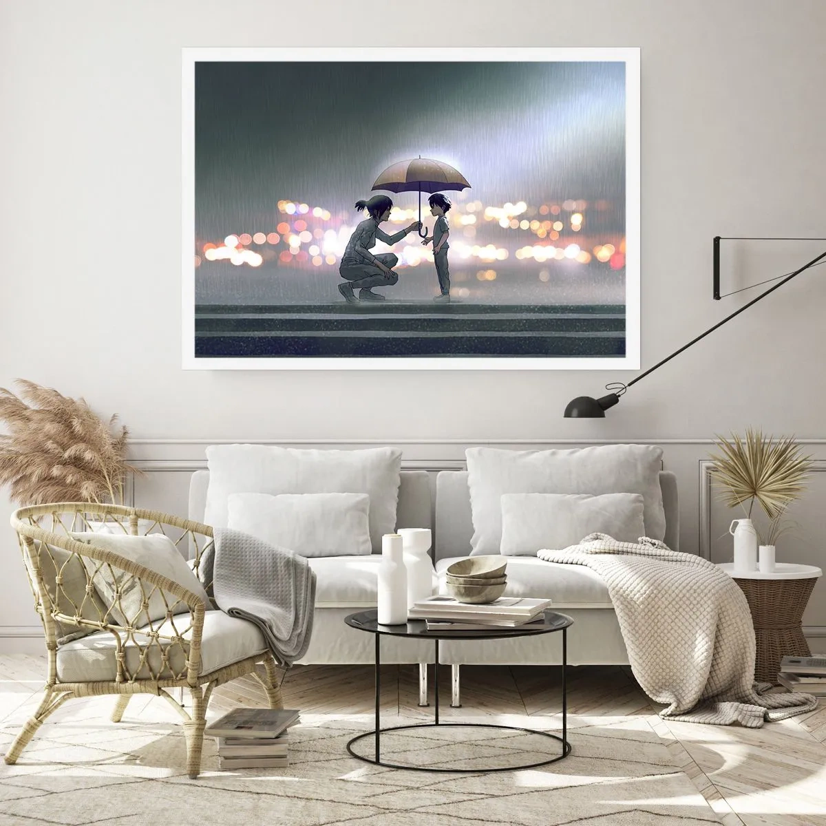 Poster - Una figura con un ombrello che protegge un bambino sullo sfondo delle luci notturne. - 100x70cm - E già tutto va bene - Decorazione murale moderna per soggiorno e camera da letto ARTTOR