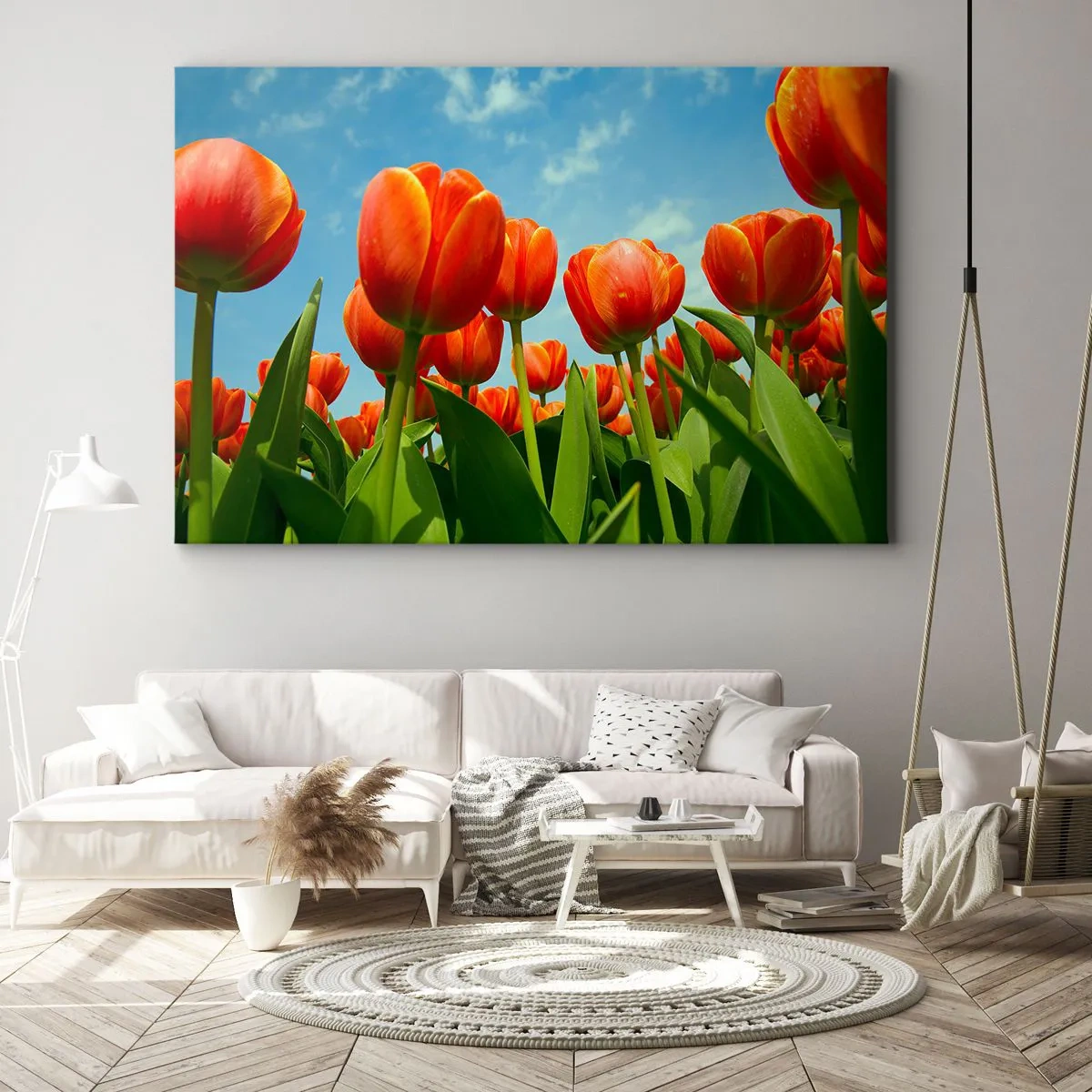 Quadro su tela - Stampe su Tela - Un campo di tulipani rossi e arancioni contro un cielo blu - 120x80cm - A loro non serve nulla oltre al cielo azzurro - Decorazione murale moderna per soggiorno e camera da letto ARTTOR