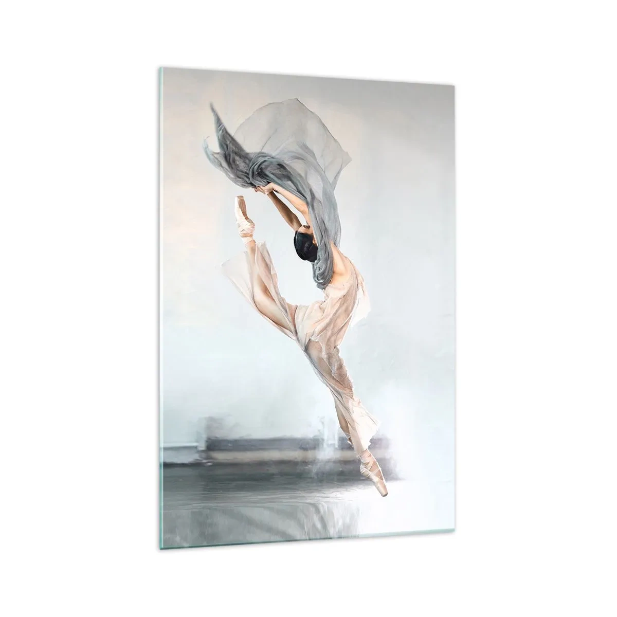 Quadro su vetro - Una ballerina in movimento dinamico su uno sfondo chiaro - 70x100cm - Nell'estasi della danza - Decorazione murale moderna per soggiorno e camera da letto ARTTOR
